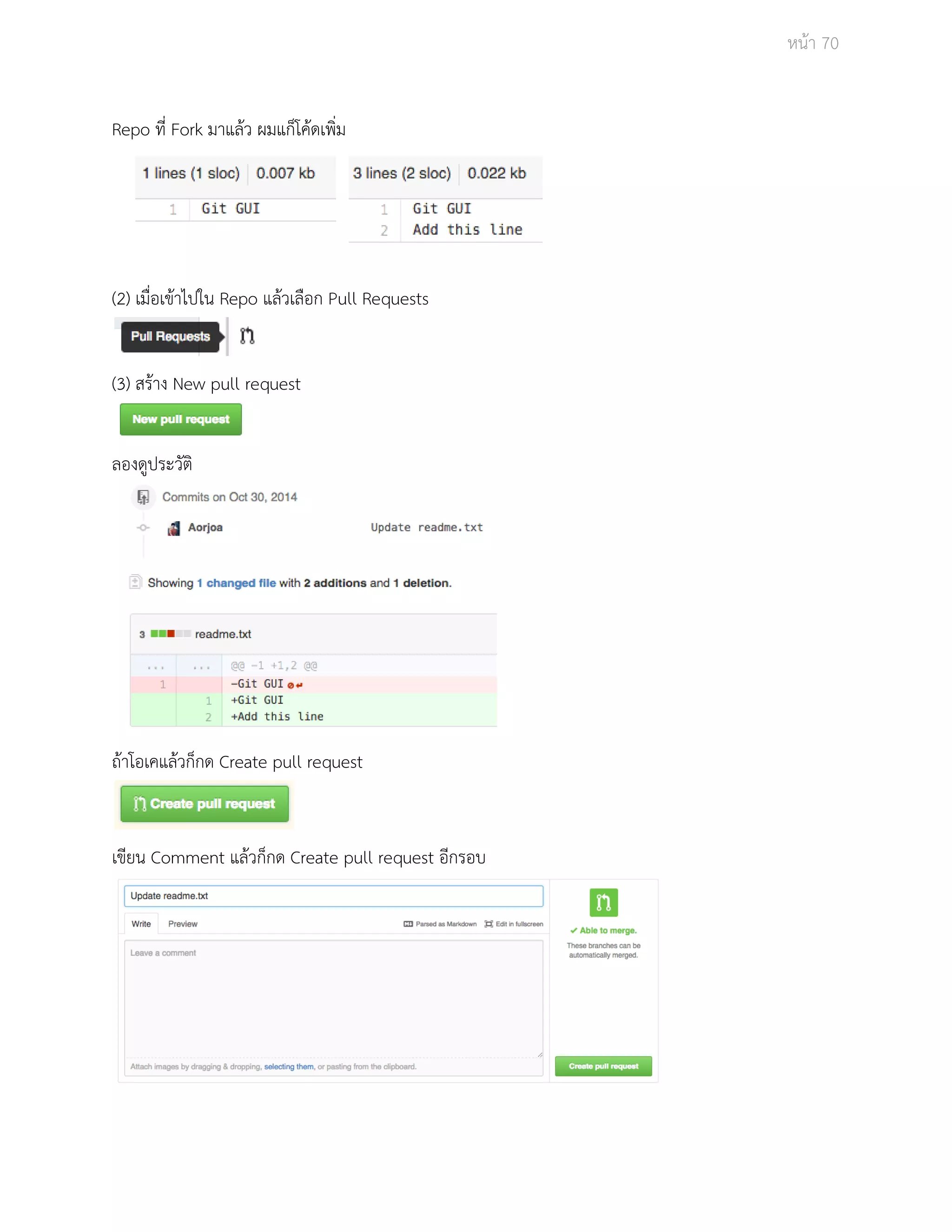 Āนšา 70 
Repo ที่ Fork มาแลšü ผมแก็โคšดเพิ่ม 
(2) เมื่อเขšาไปใน Repo แลšüเลือก Pull Requests 
(3) ÿรšาง New pull request 
ลองดูประüัติ 
ถšาโอเคแลšüก็กด Create pull request 
เขียน Comment แลšüก็กด Create pull request อีกรอบ 
 