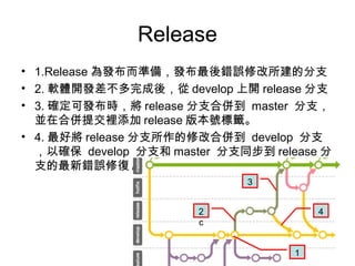Release
• 1.Release 為發布而準備，發布最後錯誤修改所建的分支
• 2. 軟體開發差不多完成後，從 develop 上開 release 分支
• 3. 確定可發布時，將 release 分支合併到 master 分支，
並在合併提交裡添加 release 版本號標籤。
• 4. 最好將 release 分支所作的修改合併到 develop 分支
，以確保 develop 分支和 master 分支同步到 release 分
支的最新錯誤修復 / 變更。
2
c
3
4
1
 