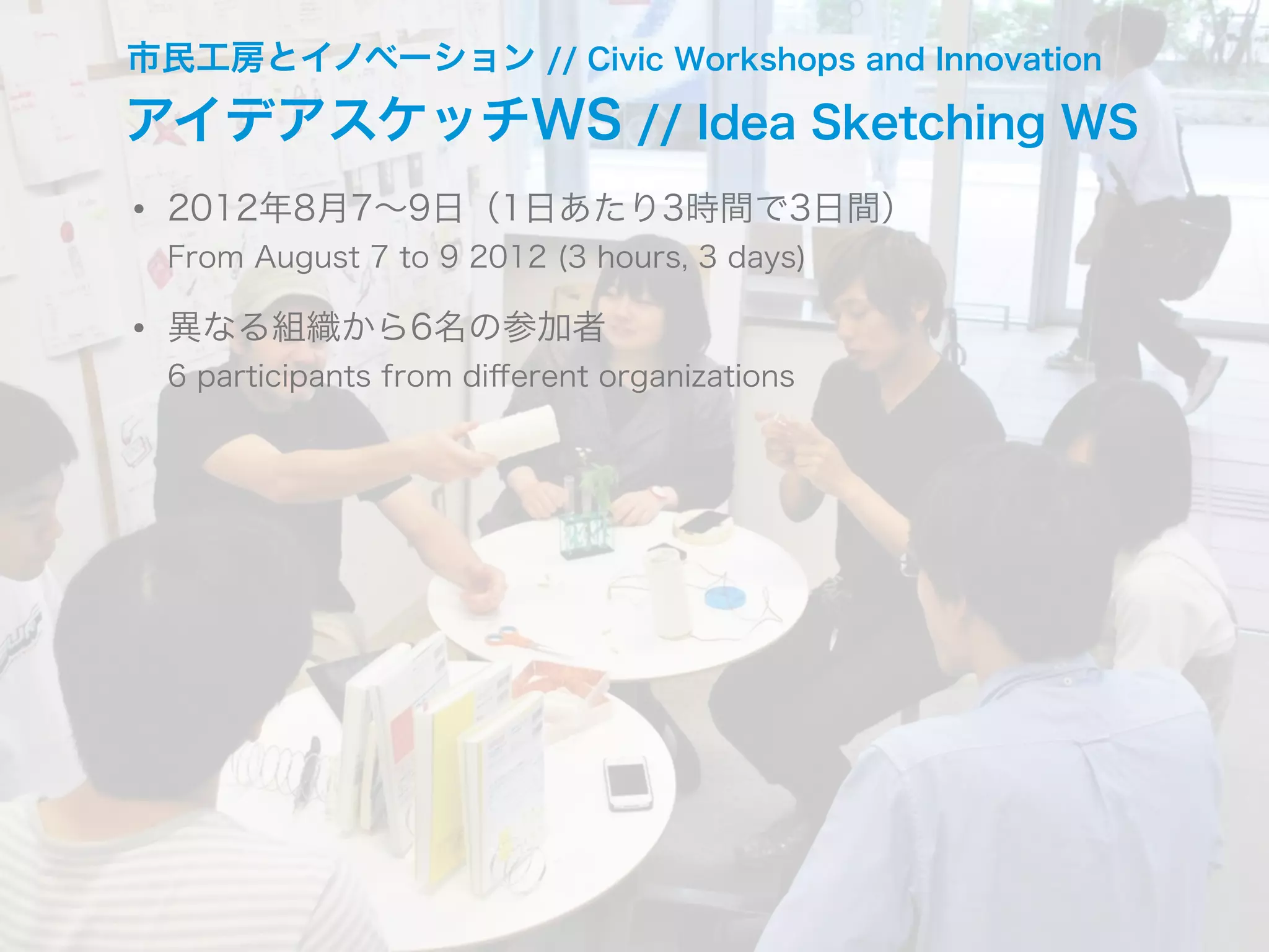 • 2012年8月7∼9日（1日あたり3時間で3日間）
From August 7 to 9 2012 (3 hours, 3 days)
• 異なる組織から6名の参加者
6 participants from diﬀerent organizations
市民工房とイノベーション // Civic Workshops and Innovation
アイデアスケッチWS // Idea Sketching WS
 