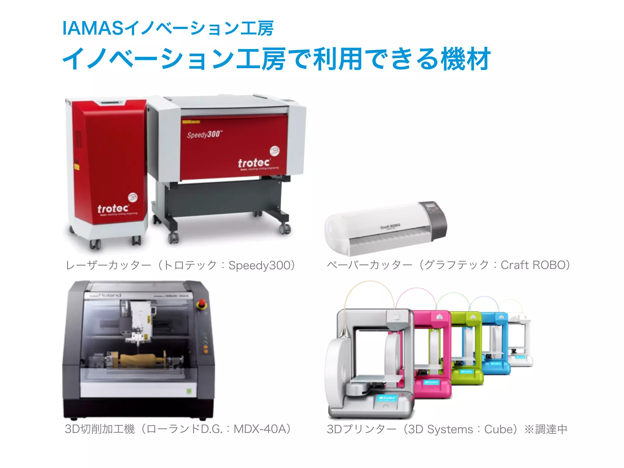 IAMASイノベーション工房
イノベーション工房で利用できる機材
3D切削加工機（ローランドD.G.：MDX-40A）
レーザーカッター（トロテック：Speedy300）
3Dプリンター（3D Systems：Cube）※調達中
ペーパーカッター（グラフテック：Craft ROBO）
 