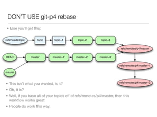 DON’T USE git-p4 rebase
 • Else you’ll get this:


refs/heads/topic       topic    topic~1       topic~2        topic~3


                                                                         refs/remotes/p4/master


HEAD               master`     master~1`     master~2`      master~3`


                                                                        refs/remotes/p4/master~1

master



• This isn’t what you wanted, is it?                                    refs/remotes/p4/master~2

• Oh, it is?
• Well, if you base all of your topics off of refs/remotes/p4/master, then this
  workﬂow works great!
• People do work this way.
 