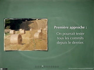 Première approche :
 On pourrait tester
 tous les commits
 depuis le dernier.




        Photo: http://www.ﬂickr.com/photos/tarchamps/2835943555/sizes/l/
 