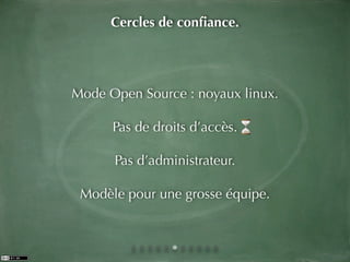 Cercles de conﬁance.




Mode Open Source : noyaux linux.

      Pas de droits d’accès.

      Pas d’administrateur.

 Modèle pour une grosse équipe.
 