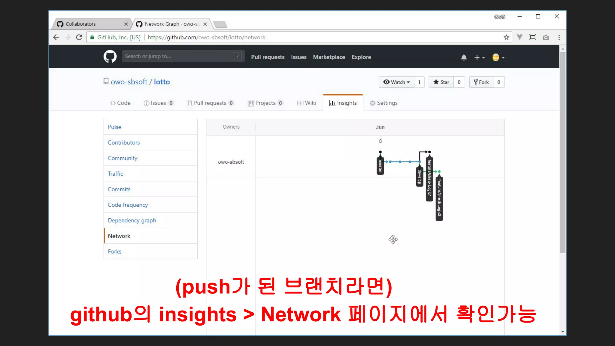 github의 insights > Network 페이지에서 확인가능
(push가 된 브랜치라면)
 
