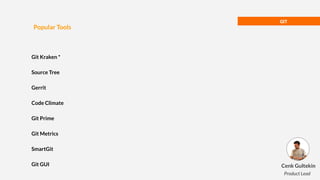 GIT
Popular Tools
Git Kraken *
Source Tree
Gerrit
Code Climate
Git Prime
Git Metrics
SmartGit
Git GUI Cenk Gultekin
Product Lead
 