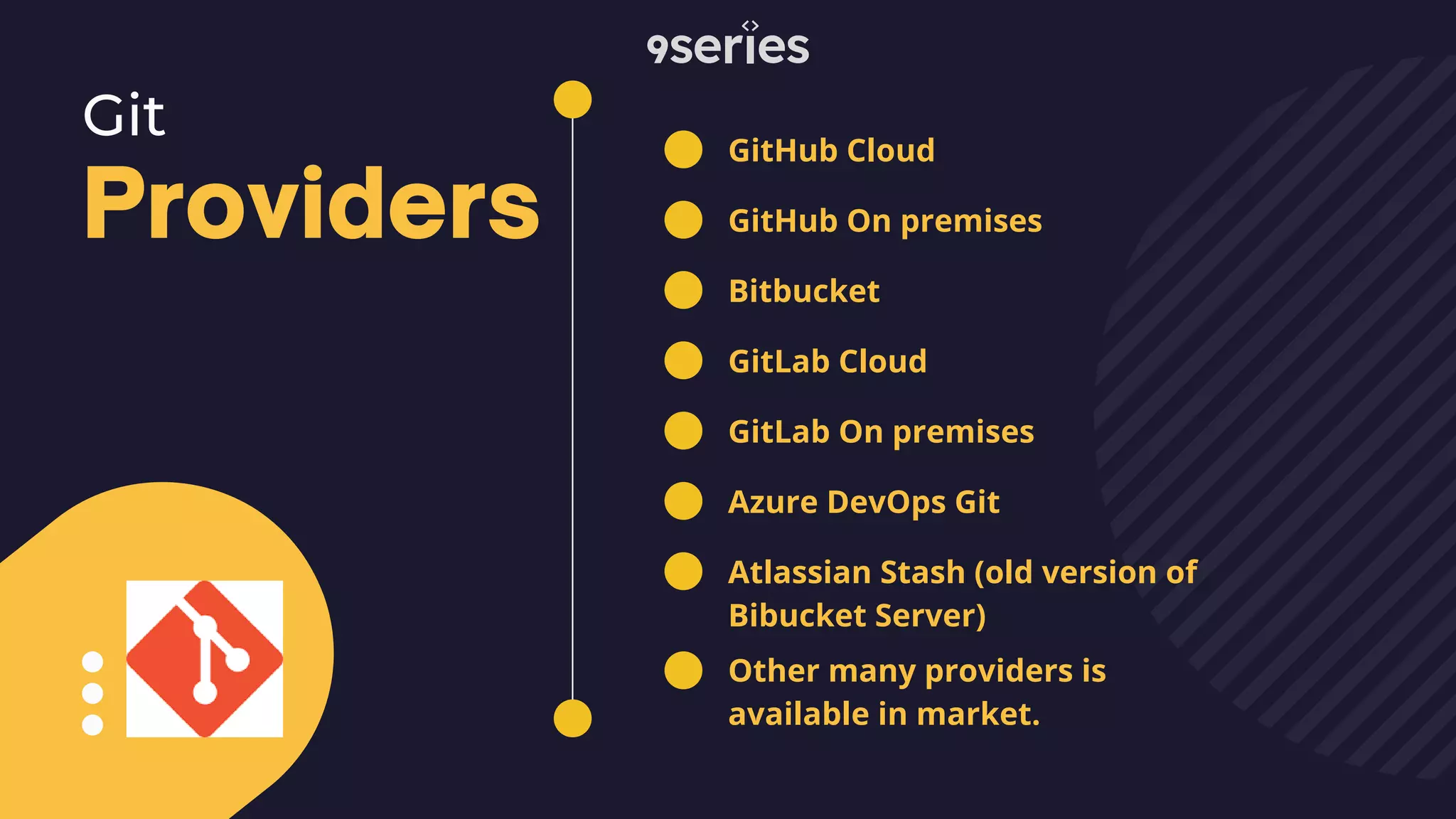 GitHub Cloud Providers Git GitHub On premises Bitbucket GitLab Cloud GitLab On premises Azure DevOps Git Atlassian Stash (old version of Bibucket Server) Other many providers is available in market. 