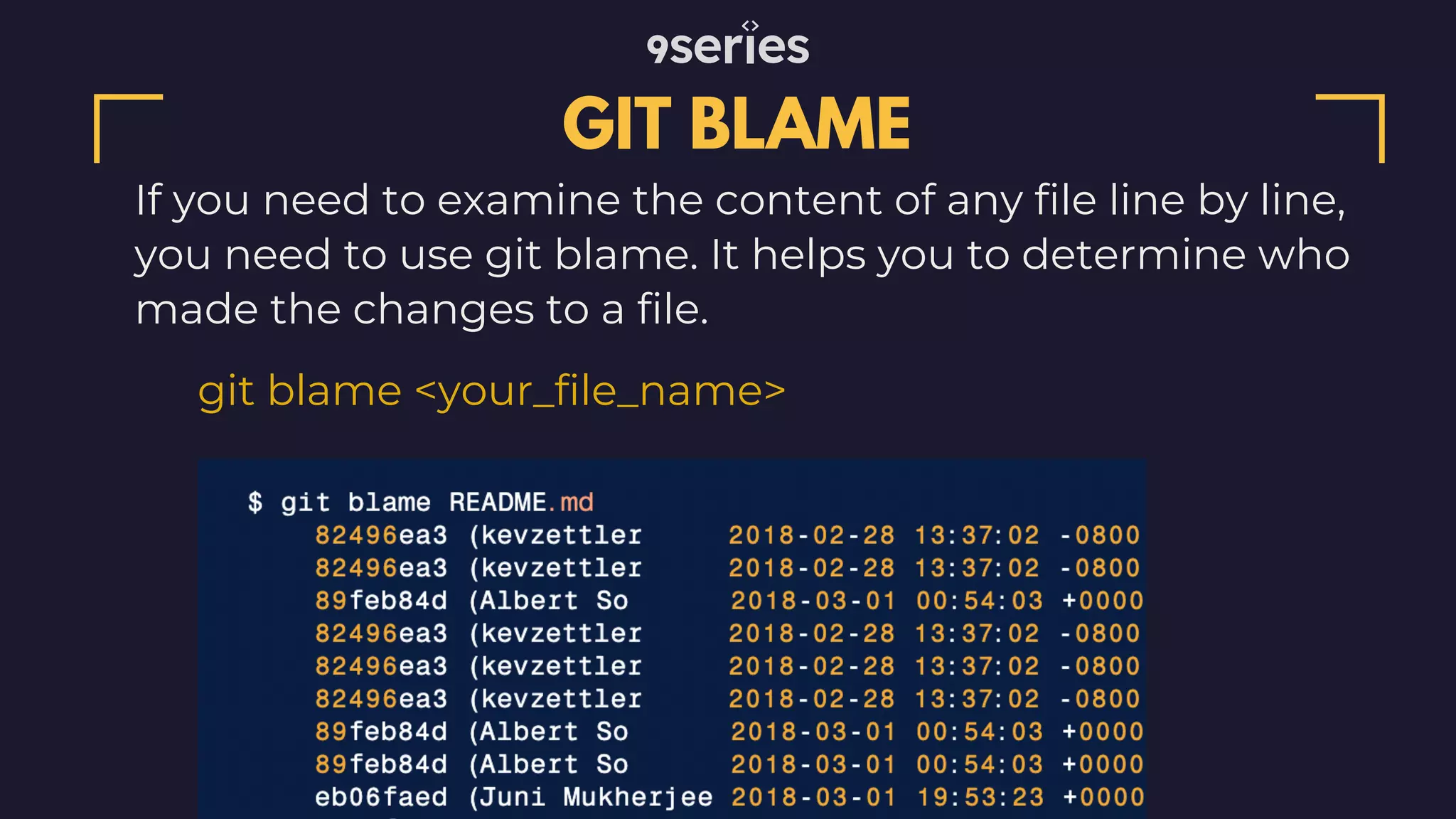 If you need to examine the content of any file line by line, you need to use git blame. It helps you to determine who made the changes to a file. GIT BLAME git blame <your_file_name> 