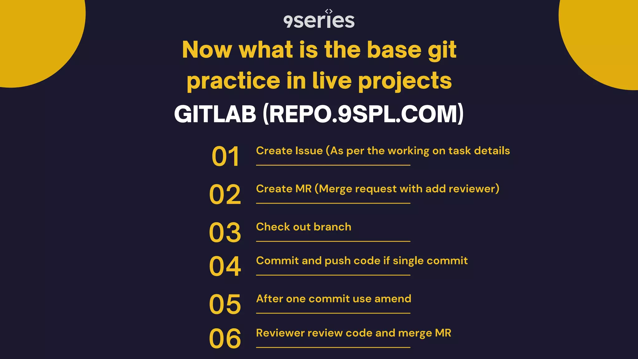 Now what is the base git practice in live projects 01 Create Issue (As per the working on task details 02 Create MR (Merge request with add reviewer) 03 Check out branch 04 Commit and push code if single commit GITLAB (REPO.9SPL.COM) 05 After one commit use amend 06 Reviewer review code and merge MR 