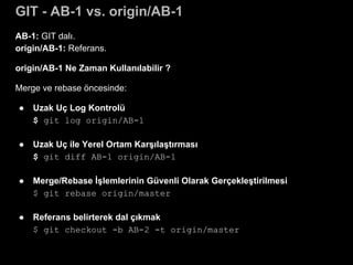 GIT - AB-1 vs. origin/AB-1
AB-1: GIT dalı.
origin/AB-1: Referans.
origin/AB-1 Ne Zaman Kullanılabilir ?
Merge ve rebase öncesinde:
● Uzak Uç Log Kontrolü
$ git log origin/AB-1
● Uzak Uç ile Yerel Ortam Karşılaştırması
$ git diff AB-1 origin/AB-1
● Merge/Rebase İşlemlerinin Güvenli Olarak Gerçekleştirilmesi
$ git rebase origin/master
● Referans belirterek dal çıkmak
$ git checkout -b AB-2 -t origin/master
 