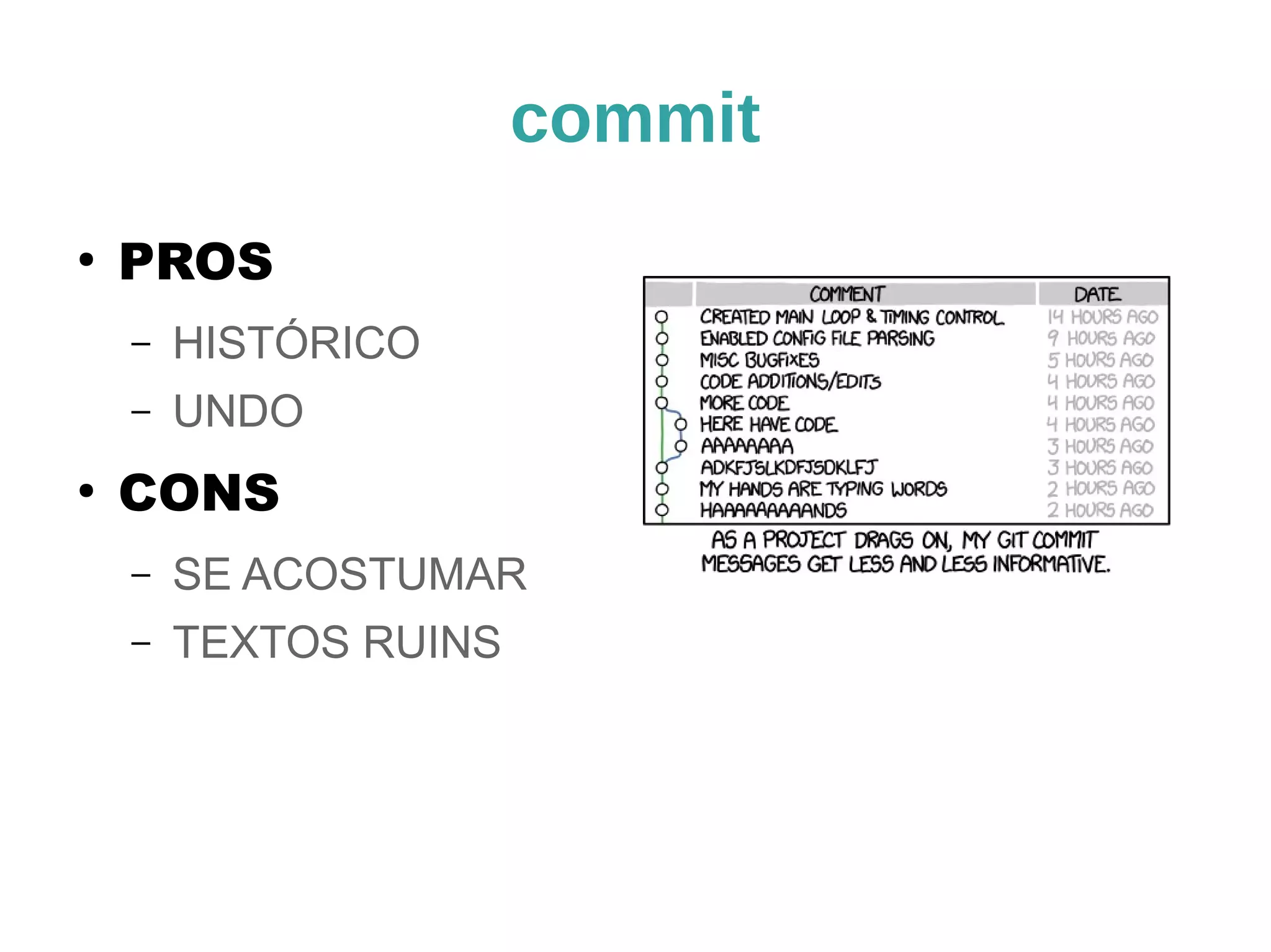 commit 
● PROS 
– HISTÓRICO 
– UNDO 
● CONS 
– SE ACOSTUMAR 
– TEXTOS RUINS 
 
