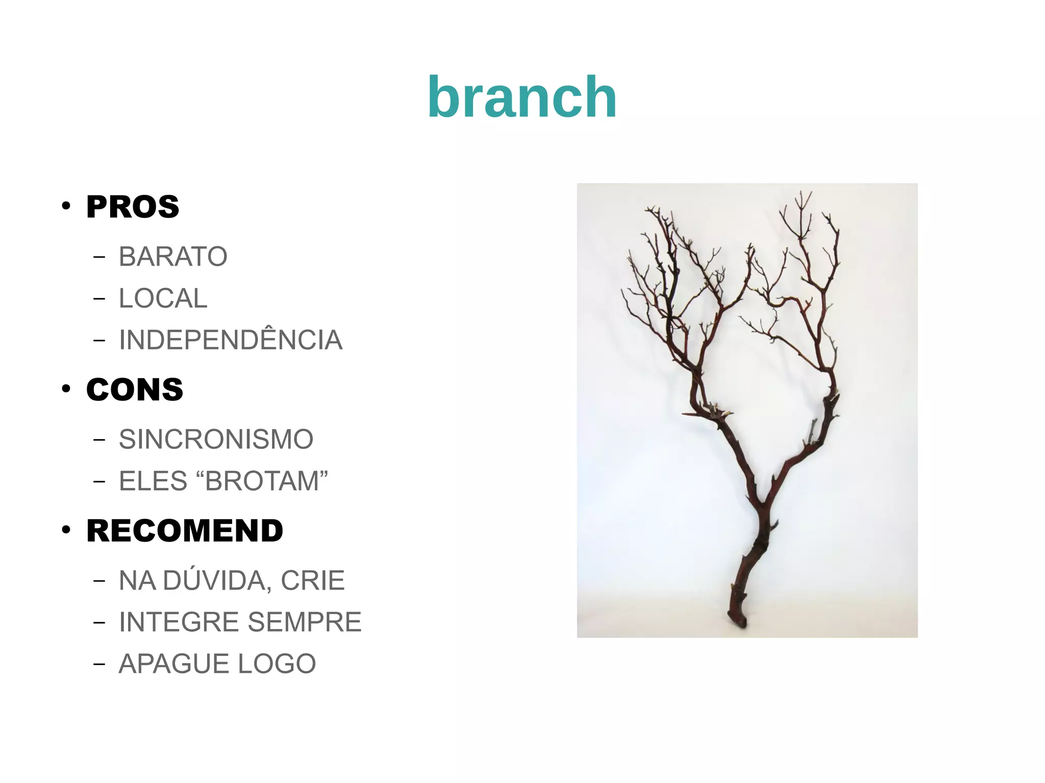 branch 
● PROS 
– BARATO 
– LOCAL 
– INDEPENDÊNCIA 
● CONS 
– SINCRONISMO 
– ELES “BROTAM” 
● RECOMEND 
– NA DÚVIDA, CRIE 
– INTEGRE SEMPRE 
– APAGUE LOGO 
 