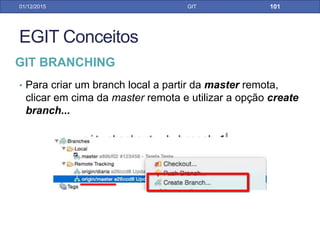 31/01/17 GIT
GIT REBASE
Se existissem commits locais novos, esse commits
seriam reordenados para depois dos 2 commits remotos
recuperados. Reestabelecendo assim uma ordem para
os commits nesse repositório
Diferentemente do MERGE o REBASE só reorganiza os
commits, não gera um novo.
Se existissem conflitos, o rebase pararia e mostraria
esses conflitos para você resolvê-los, como não houve,
o rebase terminou com sucesso.
 