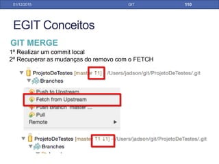 31/01/17 GIT
RESOLVENDO CONFLITOS NO GIT = FETCH + REBAS
PELO ECLIPSE
1º - Desenvolvedor 1 atualiza o seu repositório
2º - Desenvolvedor 2 atualiza o seu repositório
3º - Desenvolvedor 1 realiza o commit C2 na linha Y da classe X
4º - Desenvolvedor 2 realiza o commit C3 na mesma linha Y da
mesma classe X
5º - Desenvolvedor 1 realizar o push para o remoto
6º - Desenvolvedor 2 tentar realizar o push da sua alteração para
o remoto
 