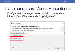 Gitflow Workflow
• Além das duas branches principais existem
outras branches com um tempo de vida definido
• Feature Branches: Usadas para desenvolver novas
feature/tarefas, para as próximas releases ou releases
distantes. Existe enquanto a feature está sendo
desenvolvida e será integrada a branch develop ou
descartada. ( Feature Branch normalmente são locais,
apenas no repositório do desenvolvedor, eventualmente
pode ser enviadas para o remoto para fim de backup)
31/01/17 GIT
 