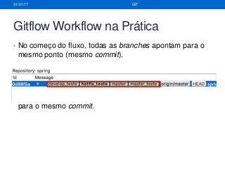 Gitflow Workflow na Prática
• No começo do fluxo, todas as branches apontam para o
mesmo ponto (mesmo commit).
• Ps.: No final do fluxo, todas devem continuar apontando
para o mesmo commit.
31/01/17 GIT
 