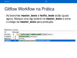 Gitflow Workflow na Prática
• As branches master_teste e hotfix_teste estão iguais
agora. Marque uma tag estável na master_teste e envie
o código da master_teste para produção.
31/01/17 GIT
 