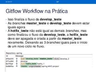 Gitflow Workflow na Prática
• Isso finaliza o fluxo da develop_teste
• As branches master_teste e develop_teste devem estar
iguais agora
• A hotfix_teste não está igual as demais branches, mas
como finalizou o fluxo da develop_teste, a hotfix_teste
deve ser apagada e criada a partir da master_teste
novamente. Deixando as 3 branches iguais para o início
de um novo ciclo no fluxo.
31/01/17 GIT
 
