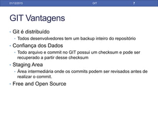 GIT Vantagens
• Git é distribuído
• Todos desenvolvedores tem um backup inteiro do repositório
• Confiança dos Dados
• Todo arquivo e commit no GIT possui um checksum e pode ser
recuperado a partir desse checksum
• Staging Area
• Área intermediária onde os commits podem ser revisados antes de
realizar o commit.
• Free and Open Source
31/01/17 GIT
 