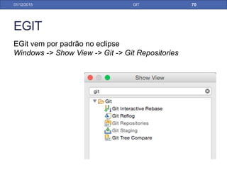 EGIT Conceitos
31/01/17 GIT
Your
Computer
GIT AMEND
Local
Repository
Remote
Repository
Commit 1
Amend serve para “corrigir” um commit realizado anteriormente. As
mudanças são “concatenadas” ao último commit realizado na branch
sem gerar um novo commit
Commit 2
Amend
 