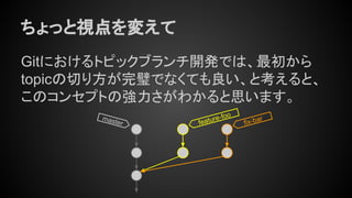 ちょっと視点を変えて
Gitにおけるトピックブランチ開発では、最初から
topicの切り方が完璧でなくても良い、と考えると、
このコンセプトの強力さがわかると思います。
master feature-foo
fix-bar
 
