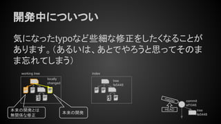 開発中についつい
気になったtypoなど些細な修正をしたくなることが
あります。（あるいは、あとでやろうと思ってそのま
ま忘れてしまう）
tree
fe5448
commit
ef1046
master
HEAD
tree
fe5448
indexworking tree
locally
changed
本来の開発とは
無関係な修正
本来の開発
 