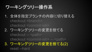 ワーキングツリー操作系
1. 全体を指定ブランチの内容に切り替える
checkout <branch>
checkout <commit-ish>
2. ワーキングツリーの変更を捨てる
checkout -- <path>
checkout <commit-ish> -- <path>
3. ワーキングツリーの変更を捨てる(2)
reset --hard
 