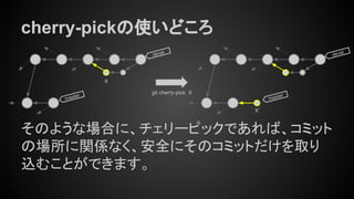 cherry-pickの使いどころ
そのような場合に、チェリーピックであれば、コミット
の場所に関係なく、安全にそのコミットだけを取り
込むことができます。
master
devel
master
devel
git cherry-pick X
X
X’
 
