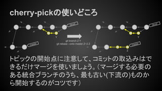 cherry-pickの使いどころ
トピックの開始点に注意して、コミットの取込みはで
きるだけマージを使いましょう。（マージする必要の
ある統合ブランチのうち、最も古い(下流の)ものか
ら開始するのがコツです）
master
devel
devel
git branch Z Y
git rebase --onto master Z~2 Z
Y
Z
Y
master
 