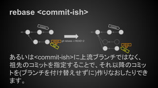 rebase <commit-ish>
あるいは<commit-ish>に上流ブランチではなく、
祖先のコミットを指定することで、それ以降のコミッ
トを(ブランチを付け替えせずに)作りなおしたりでき
ます。
master
HEAD git rebase -i HEAD~2
bar
master
HEAD
bar
 