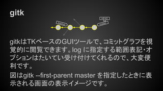 gitk
gitkはTKベースのGUIツールで、コミットグラフを視
覚的に閲覧できます。log に指定する範囲表記・オ
プションはたいてい受け付けてくれるので、大変便
利です。
図はgitk --first-parent master を指定したときに表
示される画面の表示イメージです。
master
HEAD
backup
 