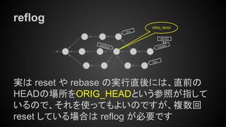 reflog
実は reset や rebase の実行直後には、直前の
HEADの場所をORIG_HEADという参照が指して
いるので、それを使ってもよいのですが、複数回
reset している場合は reflog が必要です
bar
foo
backup master
HEAD
ORIG_HEAD
 