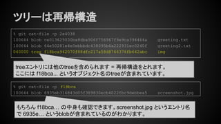 ツリーは再帰構造
% git cat-file -p 2e4038
100644 blob ce013625030ba8dba906f756967f9e9ca394464a greeting.txt
100644 blob 64e50281e4e0ebbbdc438095b6a222931ec0240f greeting2.txt
040000 tree f18bca942070f88dfc217a58d8766376fb642abc img
treeエントリには他のtreeを含められます = 再帰構造をとれます。
ここには f18bca... というオブジェクト名のtreeが含まれています。
% git cat-file -p f18bca
100644 blob 6935eb316843d05f389830ecb4022fbc9debbea5 screenshot.jpg
もちろん f18bca… の中身も確認できます。screenshot.jpg というエントリ名
で 6935e… というblobが含まれているのがわかります。
 