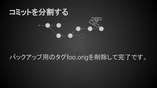 コミットを分割する
バックアップ用のタグfoo.origを削除して完了です。
foo
HEAD
 