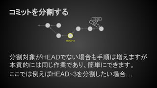 コミットを分割する
分割対象がHEADでない場合も手順は増えますが
本質的には同じ作業であり、簡単にできます。
ここでは例えばHEAD~3を分割したい場合…
foo
HEAD
HEAD~3
 