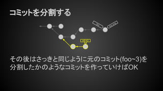 コミットを分割する
その後はさっきと同じように元のコミット(foo~3)を
分割したかのようなコミットを作っていけばOK
foo
HEAD
foo.orig
 