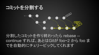 コミットを分割する
分割したコミットを作り終わったら rebase --
continue すれば、あとはGitが foo~2 から foo ま
でを自動的にチェリーピックしてくれます
foo
HEAD
foo.orig
 