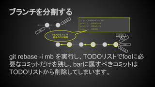 ブランチを分割する
git rebase -i mb を実行し、TODOリストでfooに必
要なコミットだけを残し、barに属すべきコミットは
TODOリストから削除してしまいます。
foo
HEAD
master % git rebase -i mb
pick ...(HEAD~4)
pick ...(HEAD~2)
pick ...(HEAD)
HEAD~5, ~3, ~1
相当の行は削除
bar
foo.orig
mb
 