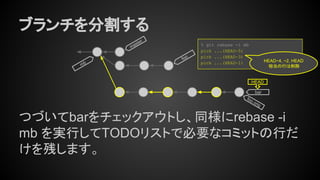 ブランチを分割する
つづいてbarをチェックアウトし、同様にrebase -i
mb を実行してTODOリストで必要なコミットの行だ
けを残します。
foo
HEAD
master
bar
foo.orig
% git rebase -i mb
pick ...(HEAD~5)
pick ...(HEAD~3)
pick ...(HEAD~1) HEAD~4, ~2, HEAD
相当の行は削除mb
 