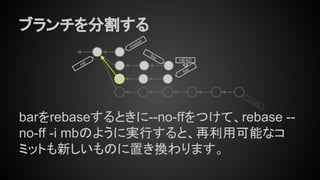 ブランチを分割する
barをrebaseするときに--no-ffをつけて、rebase --
no-ff -i mbのように実行すると、再利用可能なコ
ミットも新しいものに置き換わります。
foo
master
HEAD
bar
foo.orig
mb
 