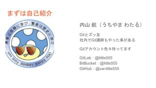まずは自己紹介
内山 航（うちやま わたる）
Gitとズッ友
社内でGit講師もやった事がある
Gitアカウント色々持ってます
GitLab：@little555
BitBucket：@little555
GitHub：@uw-little555
 