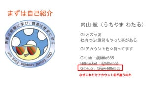 まずは自己紹介
内山 航（うちやま わたる）
Gitとズッ友
社内でGit講師もやった事がある
Gitアカウント色々持ってます
GitLab：@little555
BitBucket：@little555
GitHub：@uw-little555
なぜこれだけアカウント名が違うのか
 