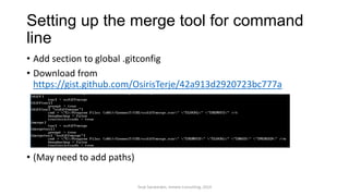 Setting up the merge tool for command
line
• Add section to global .gitconfig
• Download from
https://gist.github.com/OsirisTerje/42a913d2920723bc777a
• (May need to add paths)
Terje Sandstrøm, Inmeta Consulting, 2014
 