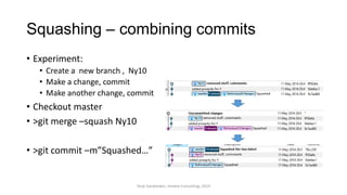 Squashing – combining commits
• Experiment:
• Create a new branch , Ny10
• Make a change, commit
• Make another change, commit
• Checkout master
• >git merge –squash Ny10
• >git commit –m”Squashed…”
Terje Sandstrøm, Inmeta Consulting, 2014
 