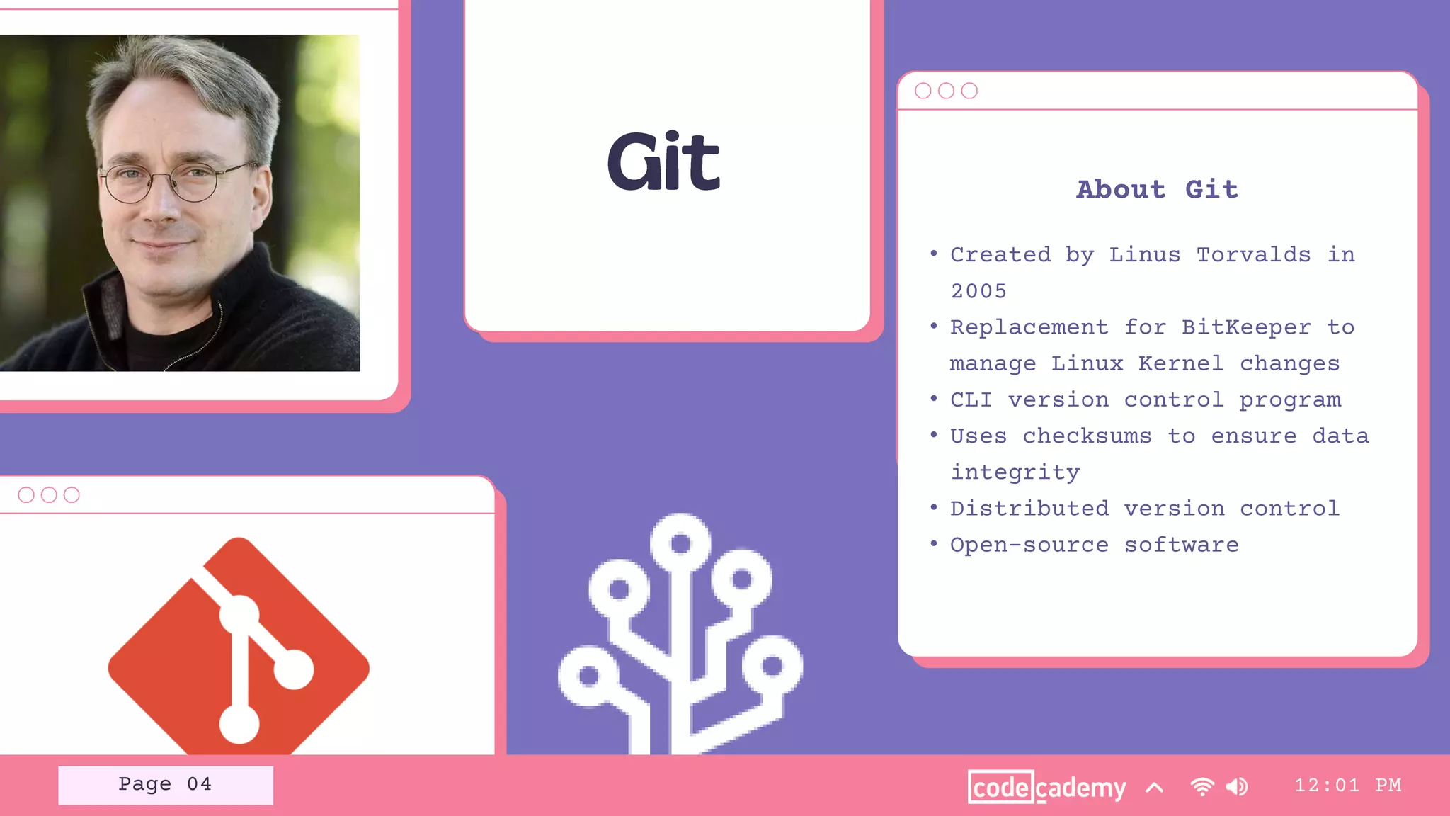 Page 04
• Created by Linus Torvalds in
2005
• Replacement for BitKeeper to
manage Linux Kernel changes
• CLI version control program
• Uses checksums to ensure data
integrity
• Distributed version control
• Open-source software
About Git
12:01 PM
 