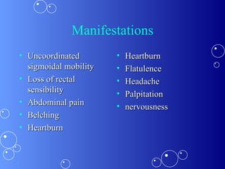Manifestations Uncoordinated sigmoidal mobility Loss of rectal sensibility Abdominal pain Belching Heartburn Heartburn Flatulence  Headache Palpitation nervousness 