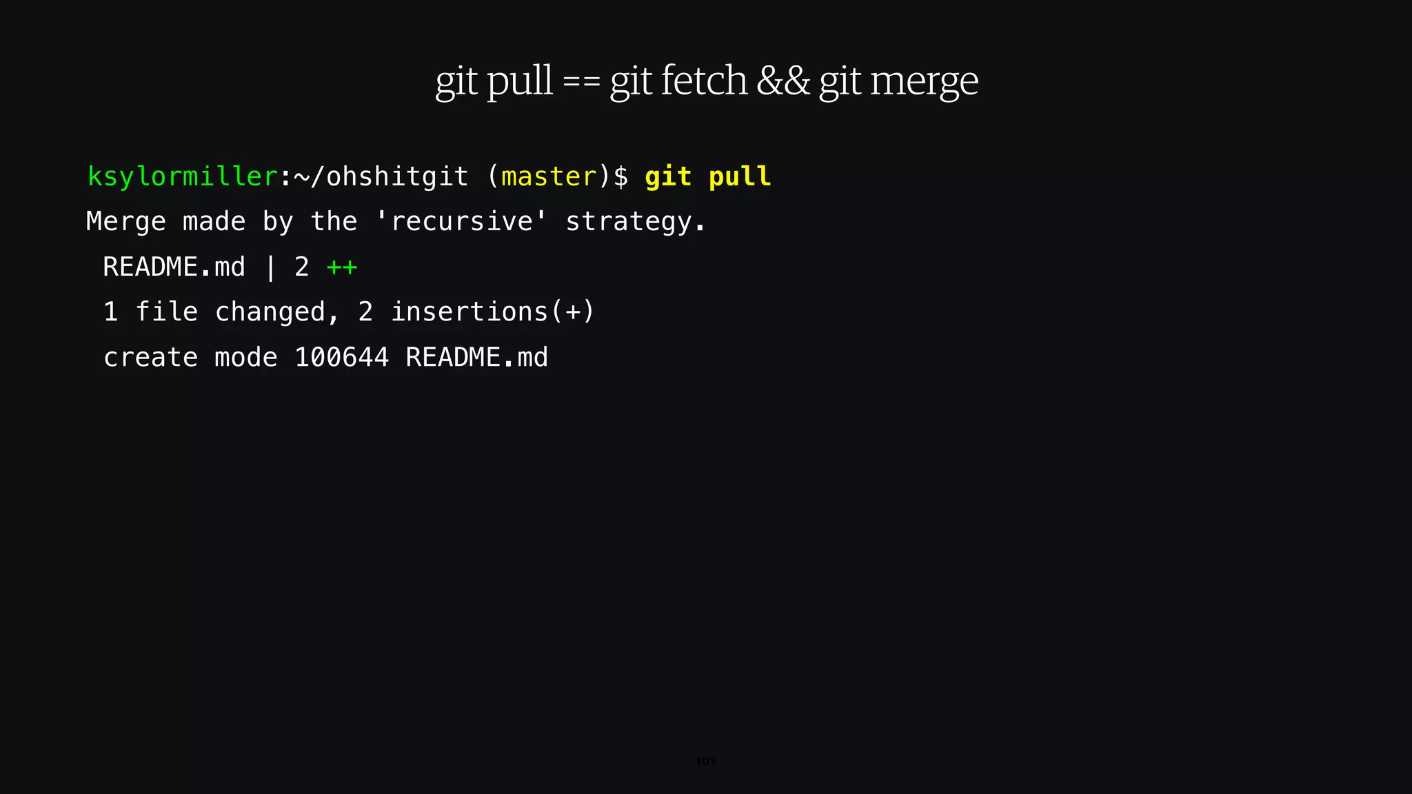 ksylormiller:~/ohshitgit (master)$ git pull
Merge made by the 'recursive' strategy.
README.md | 2 ++
1 file changed, 2 insertions(+)
create mode 100644 README.md
101
git pull == git fetch && git merge
 