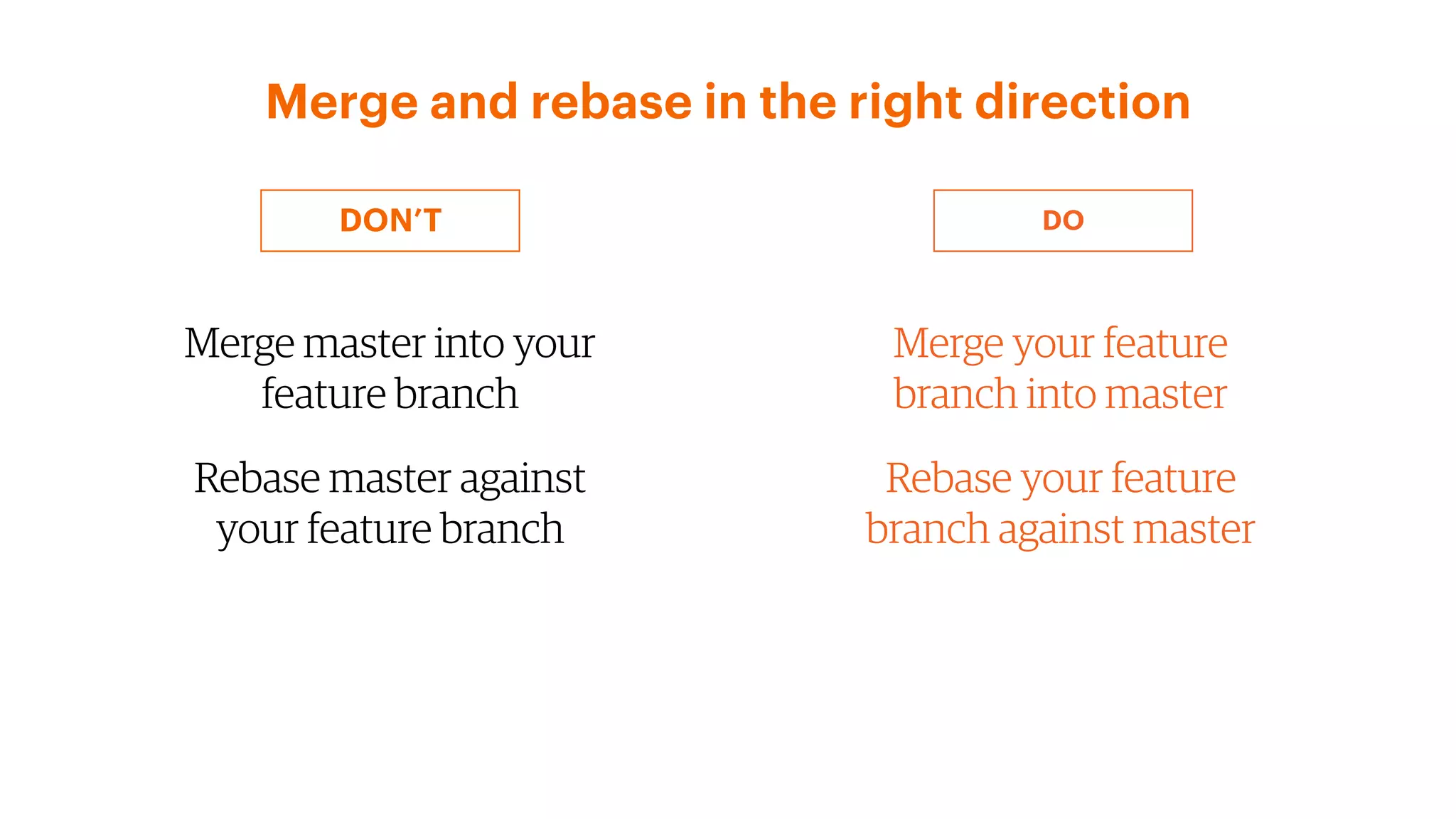 Merge master into your
feature branch
Rebase master against
your feature branch
Merge your feature
branch into master
Rebase your feature
branch against master
Merge and rebase in the right direction
DON’T DO
 