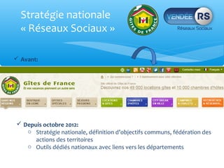 Stratégie nationale
  « Réseaux Sociaux »

 Avant:




 Depuis octobre 2012:
   o Stratégie nationale, définition d’objectifs communs, fédération des
      actions des territoires
   o Outils dédiés nationaux avec liens vers les départements
 