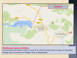 Situation par rapport a Guelma :
Le terrain de notre étude se situe a l’ouest de la ville de Guelma dans la région de Hammam
Debagh entre la commune de Medjez Amar et Bouhamdan.
TERRAIN
 