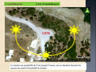 L’ensoleillement: Carte d’ensoleillement
Le terrain est ensoleillé de l’est jusqu'à l’ouest, car sa situation forcent les
rayons du soleil d’ensoleillé le terrain.
GITE
N
 